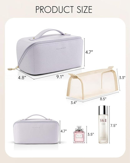 Vlando Makeup Bag,Large Capacity Toiletry Bag for Women Waterproof Portable Make up Pouch PU Leather Open Flat Cosmetic Bag(Purple)