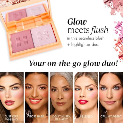 Mini Blush + Brighten Highlighter Duo, Lightweight Blendable Shimmer Blush, High Pigmented Makeup Powder Palettes, Cruelty Free - Don't Hurry, Be Happy!