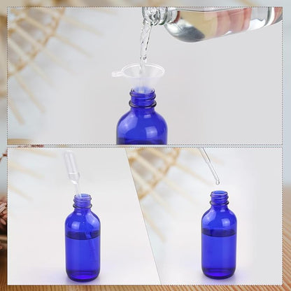 Wedama Mini Glass Spray Bottles 2 oz, Empty with Funnel Dropper, Fine Mist for Hair, Travel, Plants, Cleaning Solutions and Skin Care (4 Pack Blue)