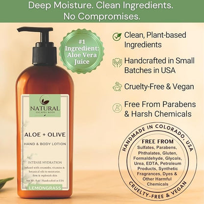 Natural Escapes Lavender & Lemongrass Body Lotion 2-Pack – Hydrating Hand & Body Moisturizer for Dry Sensitive Skin – Vegan Plant-Based Lotion with Ceramides, Aloe Vera & Vitamins – 8oz Each