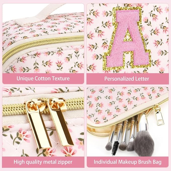 Personalized Travel Makeup Bag Set,Initial Travel Cute Floral Makeup Organizer Bag,Toiletry Skincare Cosmetic Bag,Christmas Gifts for Women/Girls,Open Flat Toiletry Pouch with Brush Pocket-A