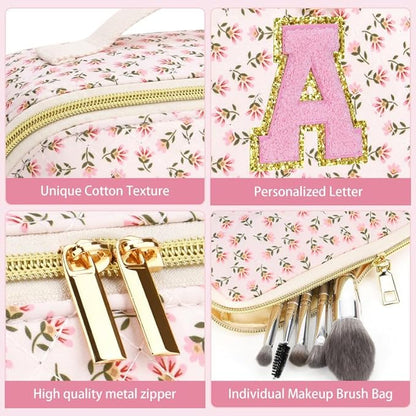 Personalized Travel Makeup Bag Set,Initial Travel Cute Floral Makeup Organizer Bag,Toiletry Skincare Cosmetic Bag,Christmas Gifts for Women/Girls,Open Flat Toiletry Pouch with Brush Pocket-E