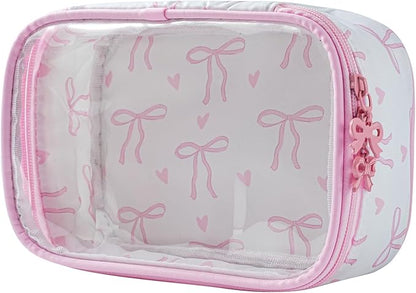 Cute Clear Makeup Bag with Bow Pattern,Transparent Nylon Travel Cosmetic Case with Zipper,Portable Makeup Organizer Pouch for Essentials(01Pink)