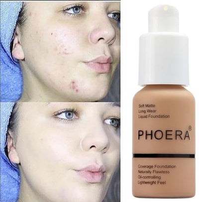 PHOERA Foundation, Flawless Soft Matte Liquid Foundation 24 HR Oil Control Concealer Foundation Makeup. (1 Pcs-105- Sand)