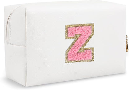 Small Initial Preppy Makeup Bag, Personalized Cute White Cosmetic Organizer Chenille Letter Travel Toiletry Zipper Pouch, Waterproof PU Leather Make Up Case Gifts for Women Girl Female Mom(Letter Z)