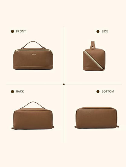 Telena Leather Make Up Bag Portable Travel Makeup Bag Waterproof Cosmetic Bags for Women Large Capacity With Handle and Divider Open Flat
