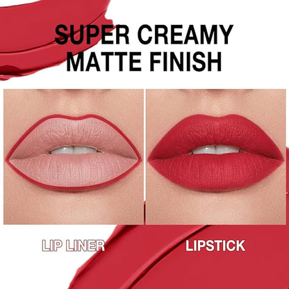 evpct Fire Red Gradient Matte Lipstick Lip Liner Crayon Combo Pencil Set for Women Long Lasting Waterproof, Red Matte Cream Lip Liner and Lipstick Combo Makeup Set, Flawless Gradual Ombre Effect