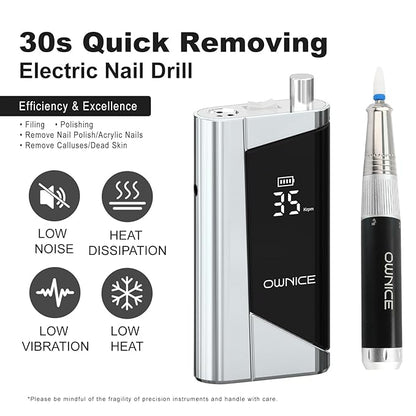 Electric Professional Nail Drill 35000RPM Cordless Portable Nail E-File Buffer Tools with Bits Perfect for Salon Manicure Pedicure Acrylic, Gel, Natural Nails(Sky Silver)
