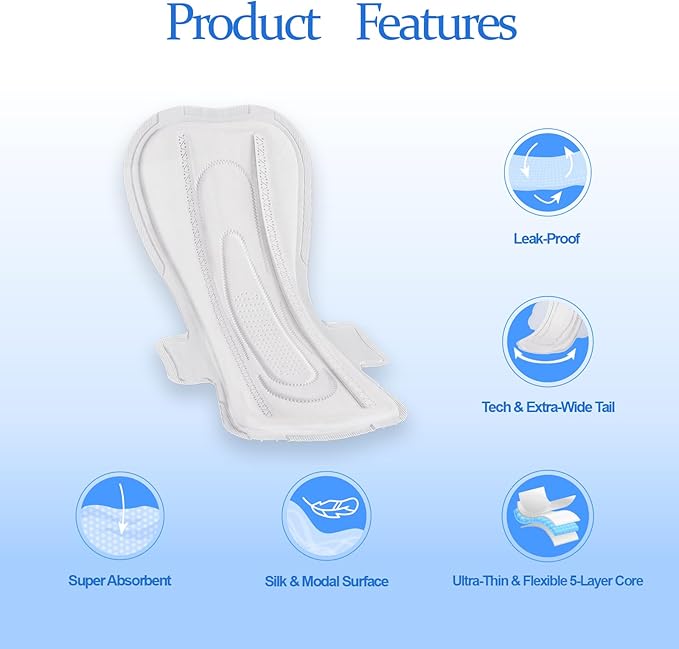 MODAL Heavy Flow Pads for Women Overnight, Unscented Sanitary Pads for Period with Wings, 14.1 Inch(360 mm), Overnight, 5 Count