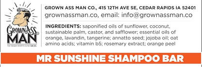 Grown Ass Man Co. - Solid Shampoo Bar Rich Lather 3 in 1: Hair, Beard & Body Wash - Plastic Free & Eco-Friendly, Natural & Organic Clean for All Hair Types, 4oz Bar (Mister Sunshine, Single)