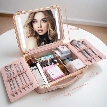 Makeup Case with LED Lighted Mirror, 11.5''x 8.7'' Portable Travel Makeup Organizer, Toiletry Storage Makeup Bag Gift for Lady, DIY Dividers Makeup Box with 5X Magnifying Mirror (Pink)