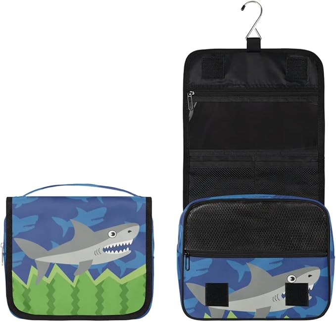 Funny Shark Hanging Travel Toiletry Kit Bag with Hook for Men and Boys, Ocean Animal Makeup Case Waterproof Cosmetic Bag Storage Bag Organizer for Accessories Toiletries