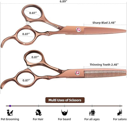 Professional Hair Cutting Scissors Sets Stainless Steel Barber Hairdressing Scissors Multifunctional Salon Thinning Scissors Straight Shears Tools Gifts for Mom Dad and Friends (Brown)