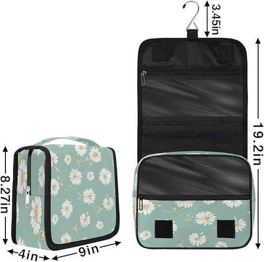 Travel Toiletry Bag for Women & Men Flower Daisy White Hanging Cosmetic Organizer Portable Waterproof Makeup Case Make Up Bag with Compartments Travel Essentials for Bathroom Shower