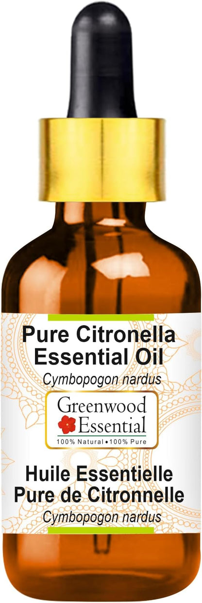 Greenwood Essential Pure Citronella Essential Oil (Cymbopogon nardus) with Glass Dropper Steam Distilled 30ml (1.01 oz)