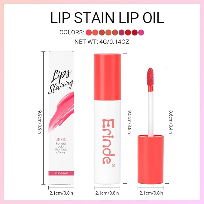 Erinde Lips Staining Lip Oil, Glossy Lip Stain, Long-Lasting Lightweight Lip Staining Oil, Moisturizing Plumping Hydrating Glossy Lip Tint, Vegan & Cruelty-Free, 03