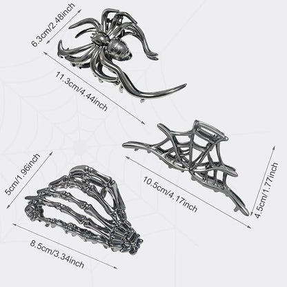 3 Pieces Large Metal Spider Net Hand Hair Claw Clips for Women and Girls Thick Long Hair, Nonslip Skeleton Spooky Barrette Headband Hair Styling Accessories for Halloween Christmas Gifts