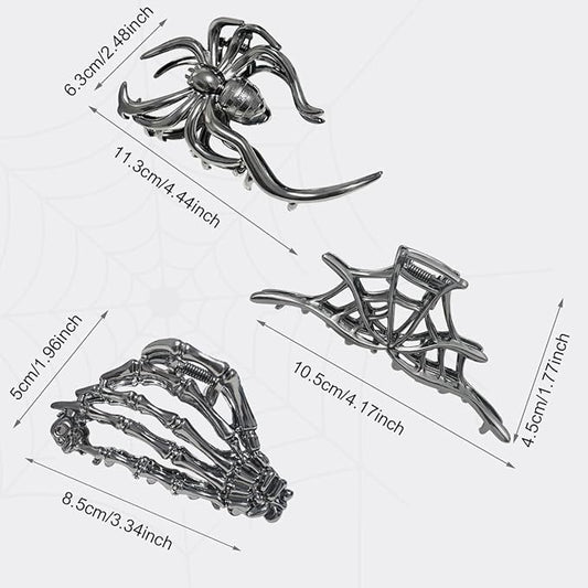 3 Pieces Large Metal Spider Net Hand Hair Claw Clips for Women and Girls Thick Long Hair, Nonslip Skeleton Spooky Barrette Headband Hair Styling Accessories for Halloween Christmas Gifts