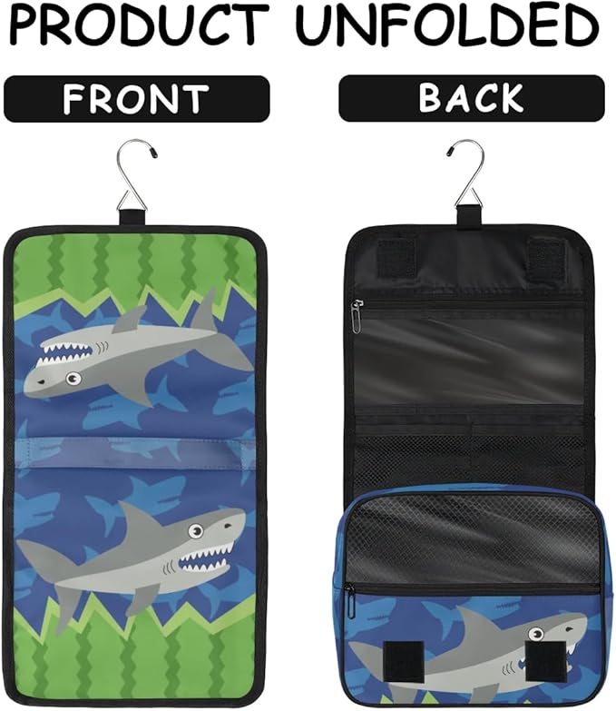 Funny Shark Hanging Travel Toiletry Kit Bag with Hook for Men and Boys, Ocean Animal Makeup Case Waterproof Cosmetic Bag Storage Bag Organizer for Accessories Toiletries