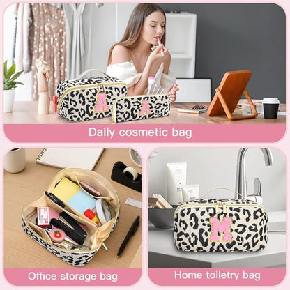 Personalized Travel Makeup Bag Set,Initial Travel Cute Leopard Makeup Organizer Bag,Toiletry Skincare Cosmetic Bag,Christmas Gifts for Women/Girls,Open Flat Toiletry Pouch with Brush Pocket-E