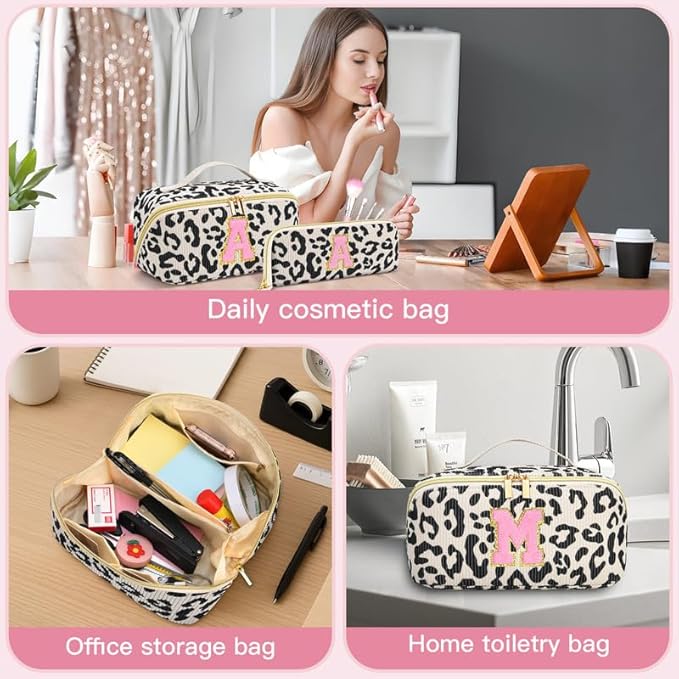 Personalized Travel Makeup Bag Set,Initial Travel Cute Leopard Makeup Organizer Bag,Toiletry Skincare Cosmetic Bag,Christmas Gifts for Women/Girls,Open Flat Toiletry Pouch with Brush Pocket-G