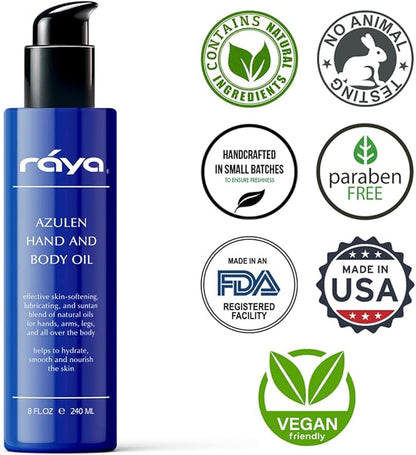 RAYA Azulen Hand and Body Oil 8 oz (451) | Softening and Natural Blend of Oils for Hands, Arms, Legs, and Body | Great as a Body Massage Oil | Great for All Skin