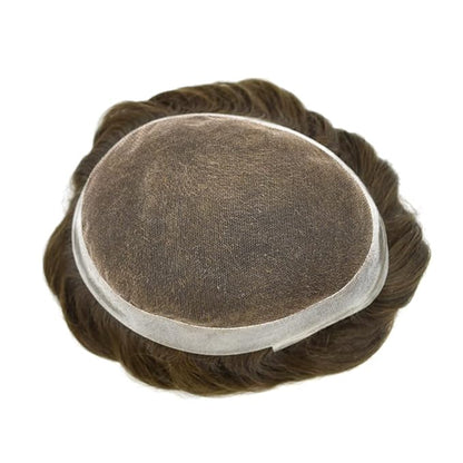 Toupee for Men French Lace Mens Toupee Human Hair Replacement Systems Lace Center with PU Around Hair Piece V-Looped Front Male Hair Prosthesis 7"X9" 4# MEDIUM BROWN