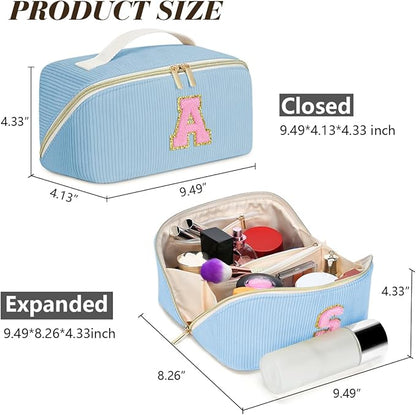 Personalized Initial Makeup Bag,Christmas Gifts for Girl,Preppy Bag Cosmetic Travel Bag Women,Travel Toiletry Organizer,Large Capacity Corduroy Stuff Bag,Cute Cosmetic Pouch Skincare Bag-U