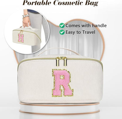 Personalized Initial Makeup Bag,Christmas Gifts for Girl,Preppy Bag Cosmetic Travel Bag Women,Travel Toiletry Organizer,Large Capacity Corduroy Stuff Bag,Cute Cosmetic Pouch Skincare Bag-P