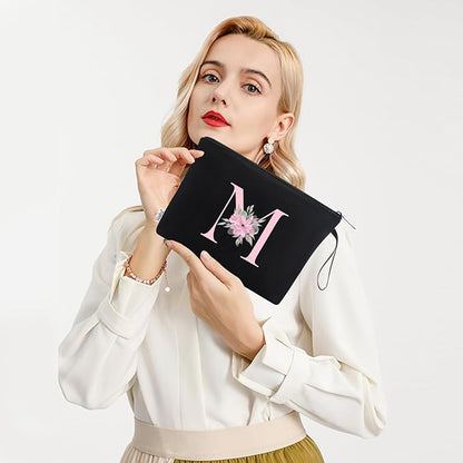 Vavabox A-Z Personalized Makeup Bag, Birthday Gifts for Women Mom, Gifts for Best Friend, Bride Bridesmaid Cosmetic bag (M, Black)