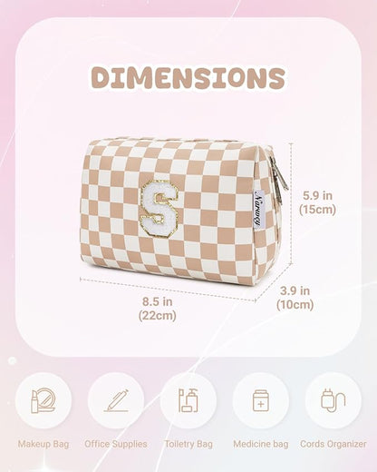 Narwey Birthday Gifts for Women Teen Girls Kids Personalized Initial Checkered Makeup Bag Cute Cosmetic Bag Trendy Stuff 6 8 10 11 12 13 14 16 18 Years Old Travel Toiletry Bag (Brown Letter S)