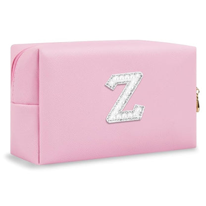 ChaoGreat Bride Gifts – Personalized Initial Makeup Bag with Pearl Rhinestone Patch, Preppy Pink Monogram Cosmetic/Toiletry Pouch, bridesmaid Gifts, Bridal Shower Gifts, Wedding Gifts, Bridal Gifts,Z