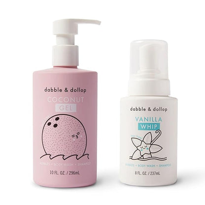 Dabble & Dollop Coconut + Vanilla Body Wash & Shampoo – 3-in-1 Natural Bubble Bath for Kids, No Parabens or Sulfates, Vegan, Gluten-Free, Tear-Free (2-Pack)