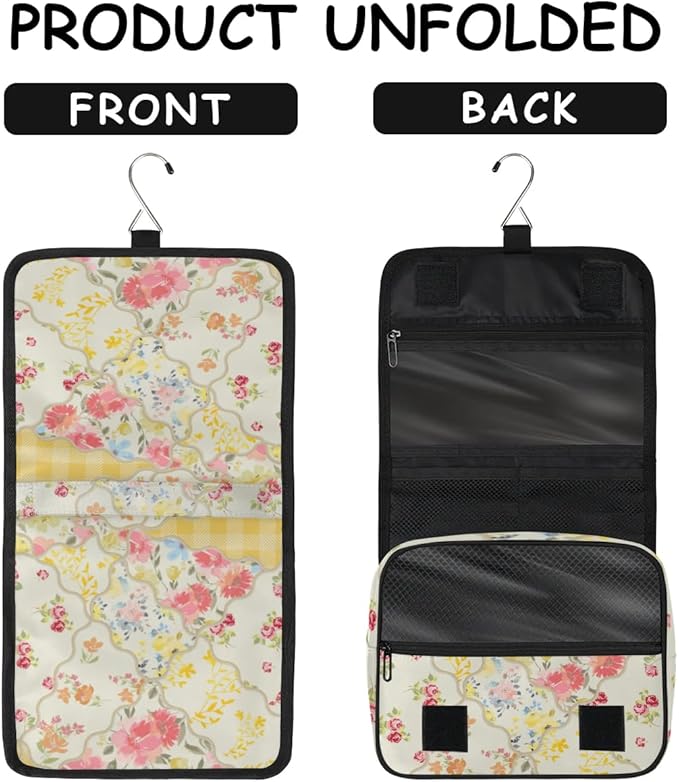Yellow Flower Travel Toiletry Bag with Hanging Hook for Women and Girls, Rose Floral Cosmetic Makeup Case Organizer for Accessories, Shampoo, Full Sized Container, Toiletries