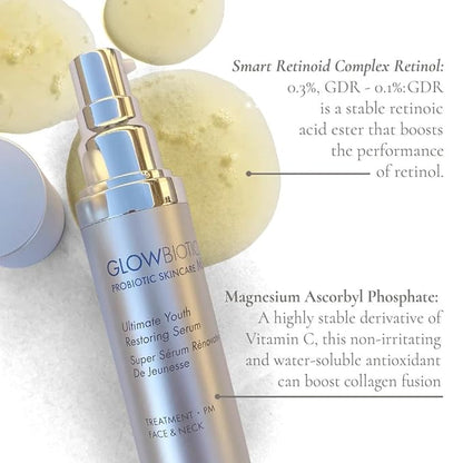 Glowbiotics Ultimate Youth Restoring Serum with Retinol, Probiotics, Vitamin C & Peptides – 5‑in‑1 Firming, Brightening Anti‑Aging Treatment for Face