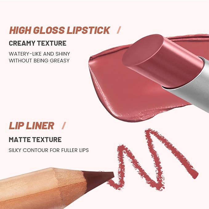 Erinde 2pcs Lip Liner and Lipstick Combo Set, Matte Lipliner Pencil & Hydrating Lip Gloss Makeup Kits for Women, Waterproof, Long Lasting, Highly Pigmented, Nude Brown Natural Lipstick, 07