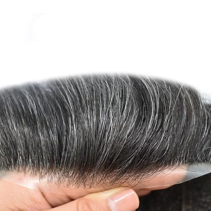 FACE MIRACLE French Lace Mens Toupee Human Hair System Lace Center Toupee for Men Thin Skin PU Around Hair Replacement System V-Looped Mens Hair Wig 6"X9" #1B30 1B# OFF BLACK WITH 30% SYNTHETIC GREY
