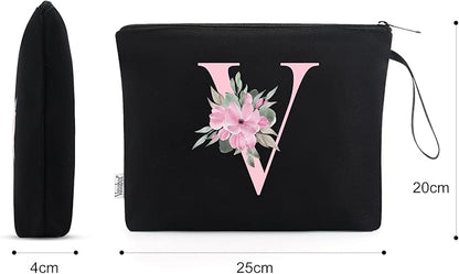 Vavabox A-Z Personalized Makeup Bag, Birthday Gifts for Women Mom, Gifts for Best Friend, Bride Bridesmaid Cosmetic bag (V, Black)