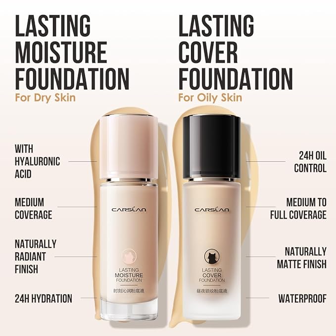 CARSLAN Lasting Cover Foundation, 24H Longlasting Full Coverage Matte Finish Face Makeup, Poreless, Lightweight, Waterproof, Oil Free Liquid Foundation, W01