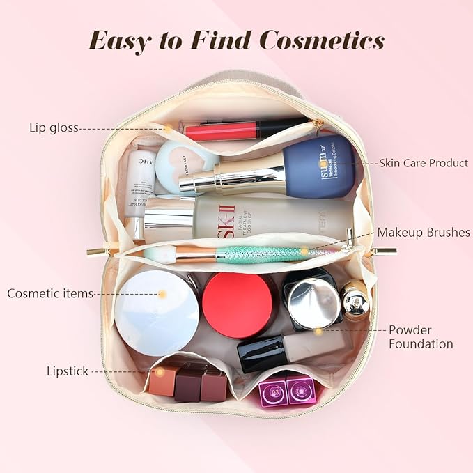 for Christmas Day Gifts, Makeup Bag for Women, PU Leather Travel Toiletry Bags, Initial Make Up Cosmetic Pouch for Teen Girls, Wide Open Portable Skincare Bag, Personalized Birthday Gifts, White J