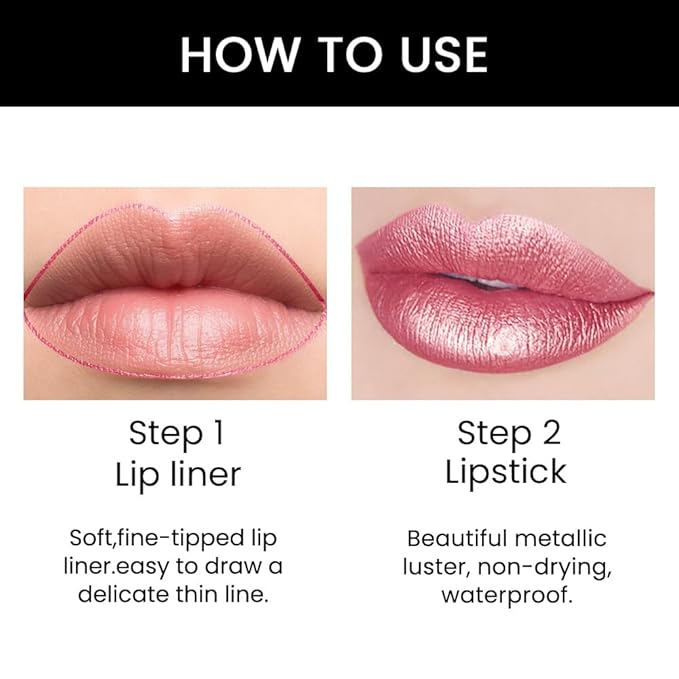 Kaely 2-in-1 Natural Pink Metallic Shine Shimmer Lip Liner & Lipstick Combo Set Kit for Women, Lightweight Hydrating Formula High Impact Full Coverage Lipstick and Lip Liner Makeup Gloss 20