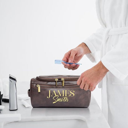 Personalized Toiletry Bag for Men, Engraved Name Initials Toiletry Bag, Customized Monogram Travel Shaving Dopp Kit for Groomsmen, Gift for Christmas, Birthday, Dad, Husband, Grandpa (Brown)