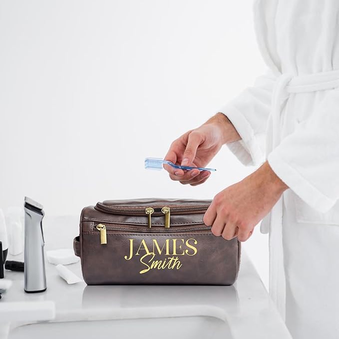 Personalized Toiletry Bag for Men, Engraved Name Initials Toiletry Bag, Customized Monogram Travel Shaving Dopp Kit for Groomsmen, Gift for Christmas, Birthday, Dad, Husband, Grandpa (Light Brown)