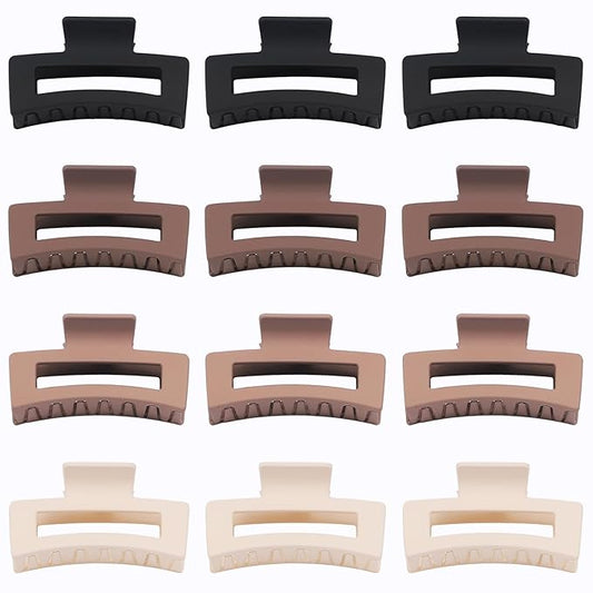 12 Pcs Medium Hair Clips for Women, 3.5 Inch Square Claw Clips, Colorful Hair Claw Clips for Thick and Thin Hair, Bulk Hair Accessories for Women and Girls- Brown