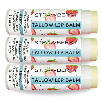 Tallow Lip Balm by Cattle Creek – Organic, All-Natural Ingredients, Long-Lasting Moisture and Hydration for Dry, Cracked, and Chapped Lips, Soothing Formula for Soft Skin (Pack of 3, Strawberry)