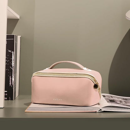 Prite Makeup Bag for Women Travel Waterproof Vegan Leather Cosmetic Bag Open Flat Toiletry Bag With Clear Divider and Handle (Large Pink)
