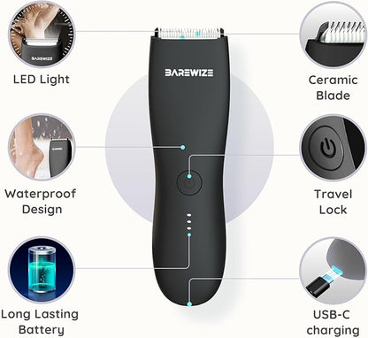 Body Hair & Pubic Hair Trimmer for Men | Waterproof, USB-C Rechargeable, LED Light, Replaceable Ceramic Blade, Electric Ball Shavers, Manscape Kit, Mens Personal Groomer (Black)