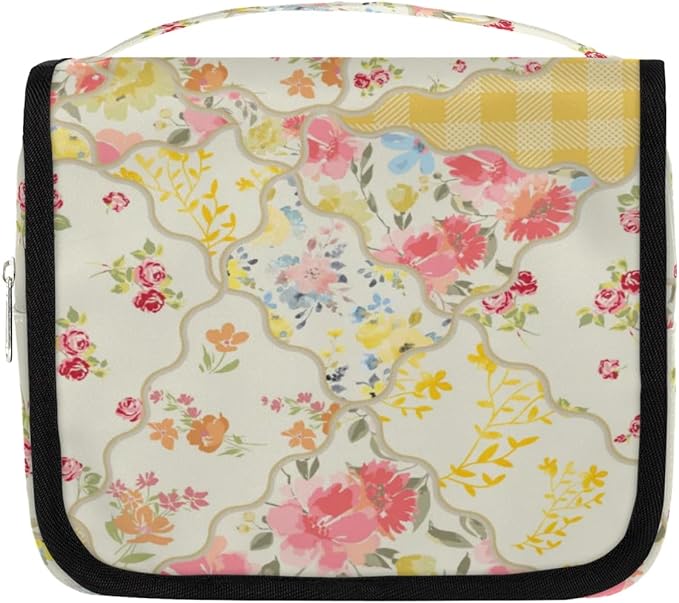 Yellow Flower Travel Toiletry Bag with Hanging Hook for Women and Girls, Rose Floral Cosmetic Makeup Case Organizer for Accessories, Shampoo, Full Sized Container, Toiletries