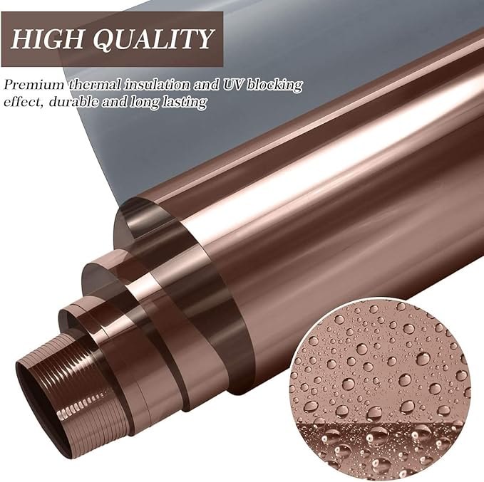 HIDBEA One Way Mirror Window Film, Daytime Privacy Sun Blocking Reflective Window Film Static Cling Heat Control Window Tinting Film for Home and Office, Brown Silver, 35.4 x 393.7 Inch