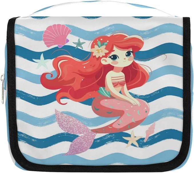 Cute Mermaid Travel Toiletry Bag with Hanging Hook for Women and Girls, Ocean Sea Starfish Cosmetic Makeup Case Organizer for Accessories, Shampoo, Full Sized Container, Toiletries